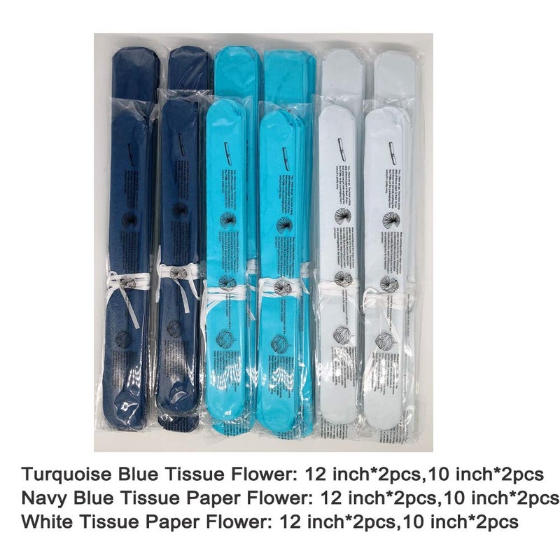 MOWO Paper Flower Tissue Pom Poms Party Supplies (Navy Blue,Turqoise Blue,White,12pc) - Image 2